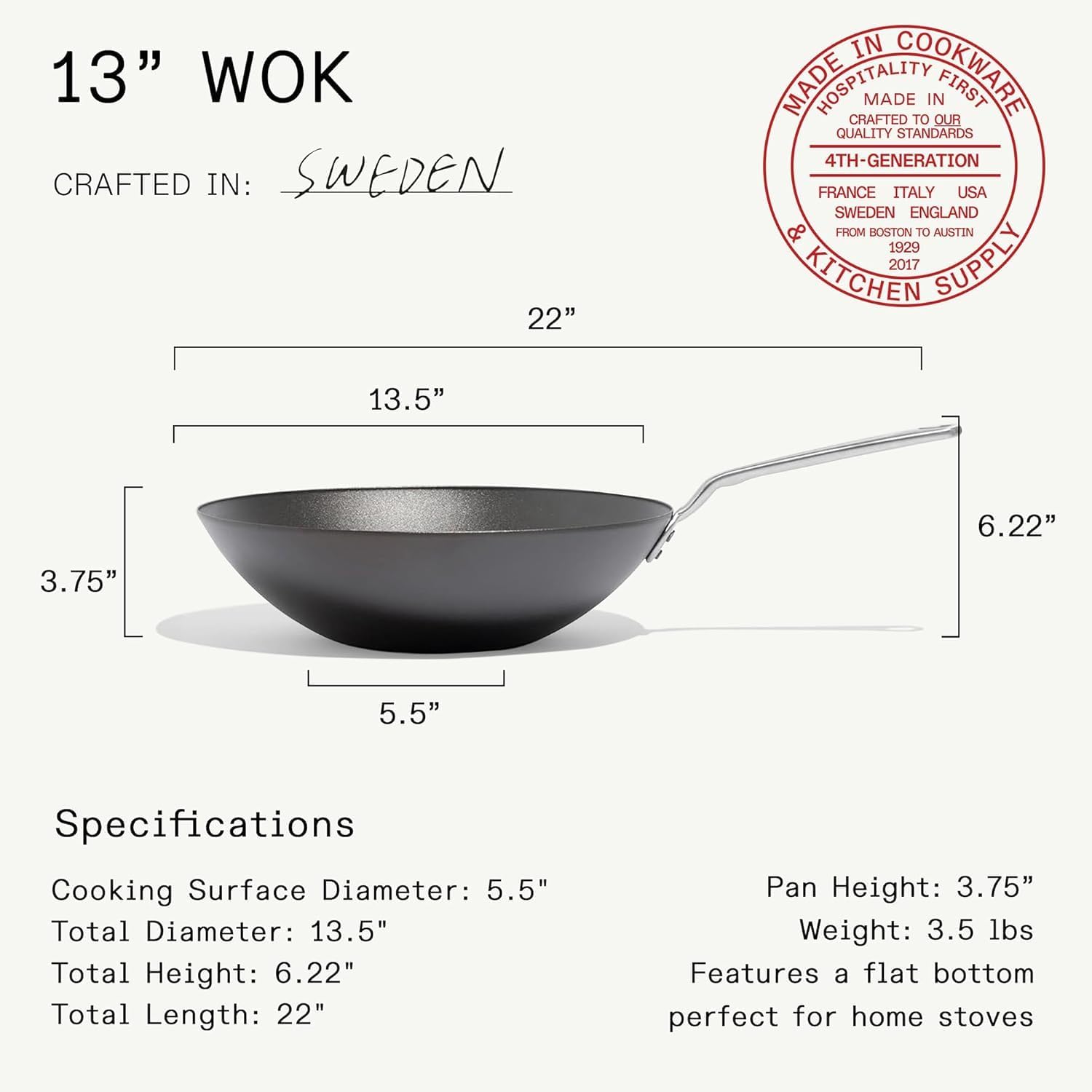 Made In Cookware - 13" Seasoned Carbon Steel Wok - Professional Cookware - Crafted in Sweden - Induction Compatible